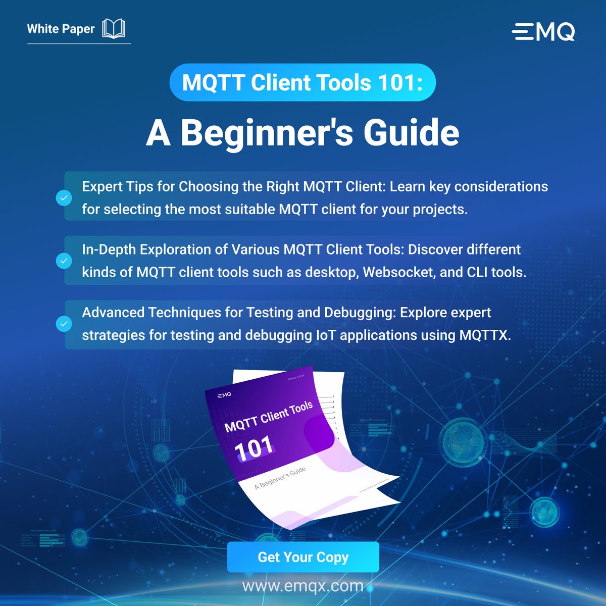 📘 Get our new eBook, 'MQTT Client Tools 101'. Expand your MQTT knowledge with expert advice, MQTT tools guide, and advanced techniques using MQTTX!

Grab your free copy now! ➡️ shorturl.at/DSX89

#eBook #MQTT #IoTProjects #MQTTTools #Learning social.emqx.com/u/jm5zdn