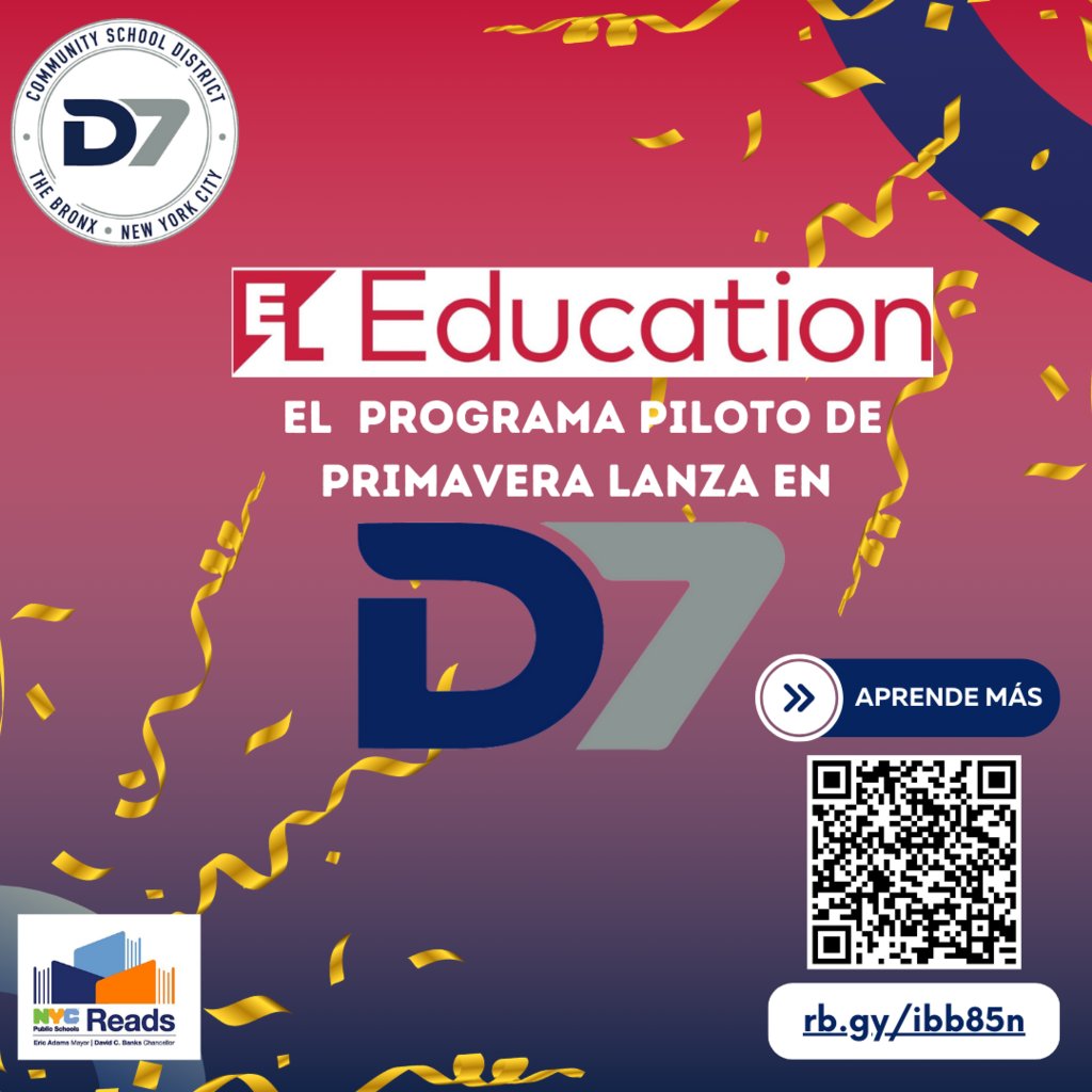 District 7 (@csd7bx) on Twitter photo D7 is getting a head start! All K-8 English Language Arts classrooms began teaching Module 1 of the EL program on May 1st. Scan code to learn more #ibelievein d7 #readto succeed <a href="/drrpadilla/">Roberto Padilla Ed.D</a> D7 is getting a head start! All K-8 English Language Arts classrooms began teaching Module 1 of the EL program on May 1st. Scan code to learn more #ibelievein d7 #readto succeed <a href="/drrpadilla/">Roberto Padilla Ed.D</a>
