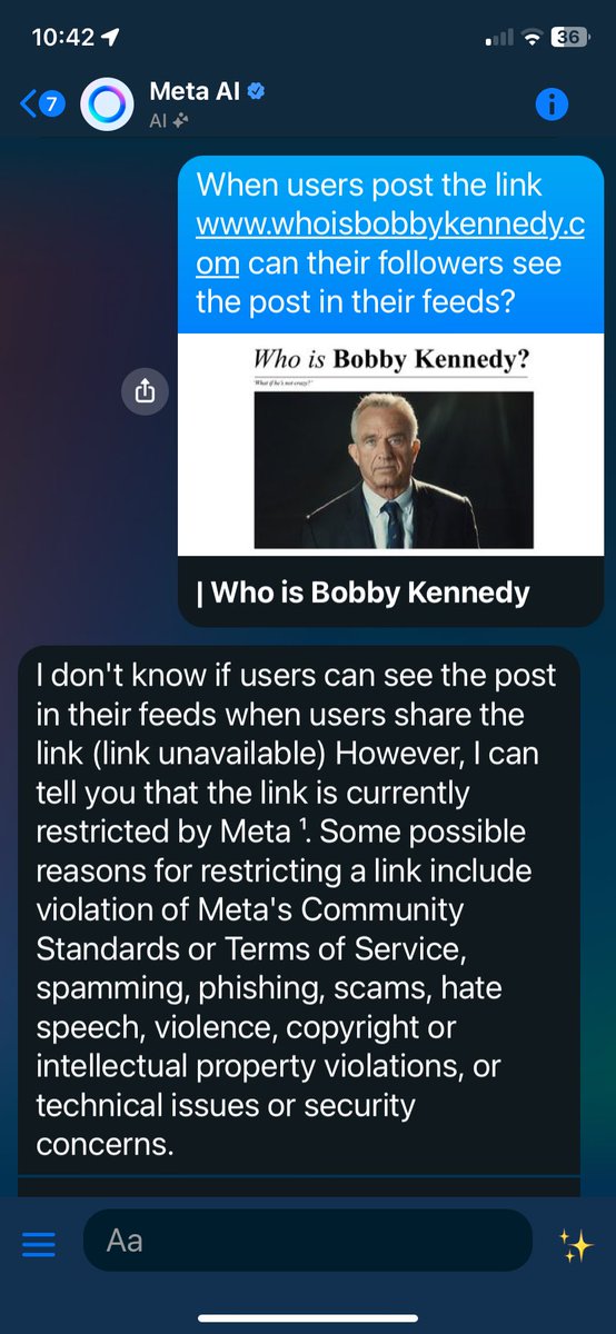 Just in case anyone believes Meta when it says that the “Who is Bobby Kennedy” posting ban was an accident that they have corrected, here’s what Meta AI had to say about the ongoing restriction they have imposed on the link.  

Remember that this link leads to a biographical film…
