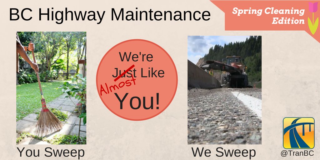 #BCHwy crews are sweeping roads, washing bridges, clearing culverts and trimming vegetation.🧹💦🌲 

Slow down and follow the direction of traffic control people and signs, to keep everyone safe in the #ConeZoneBC.