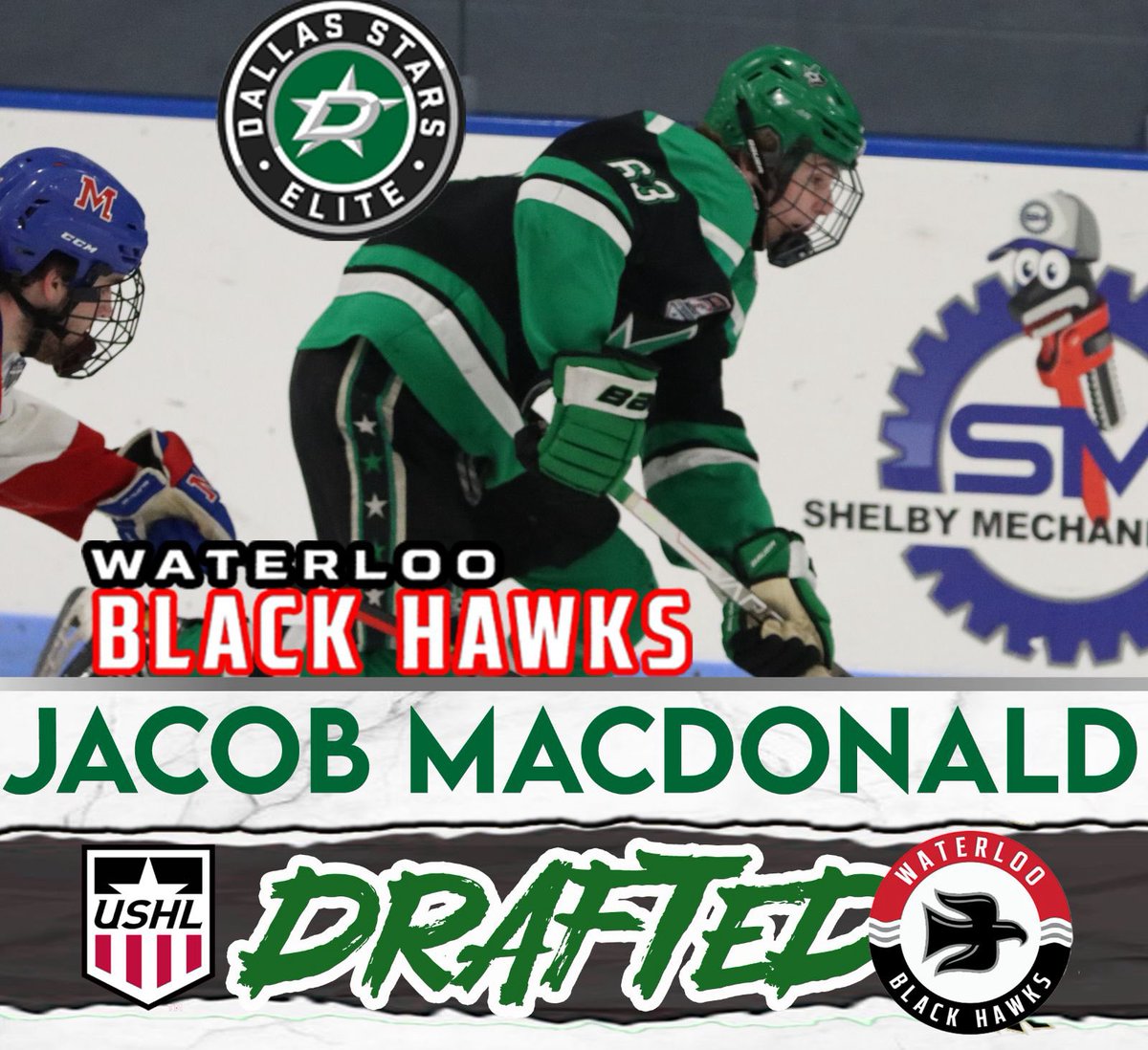 Congratulations to DSE alum Jacob MacDonald on being drafted in the Phase II USHL draft to the Waterloo Blackhawks! 💚🖤

#gostarselite #elitedna #GreenHelmets