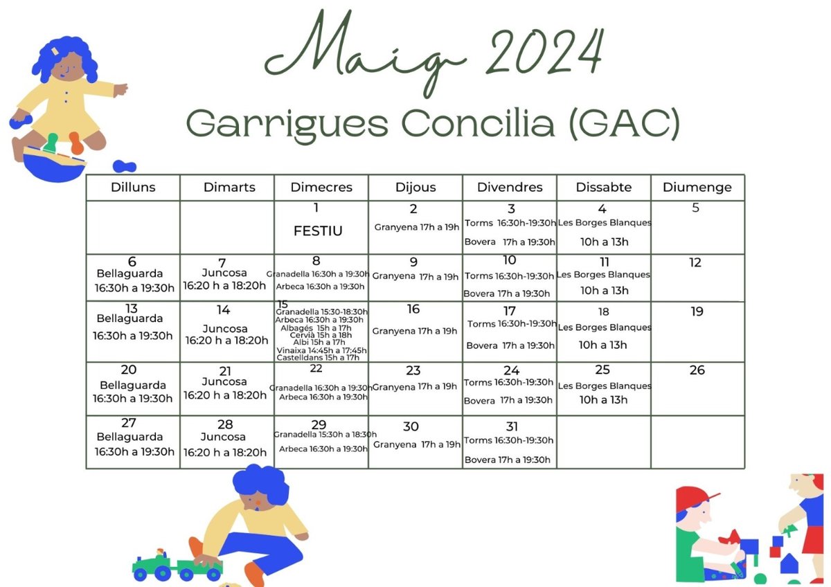 📆 Atenció famílies de les Garrigues! Aquí teniu el calendari de maig del servei GAC (Garrigues Concilia).  🌟 📍 Consulteu les poblacions i les dates disponibles per aquest mes.
