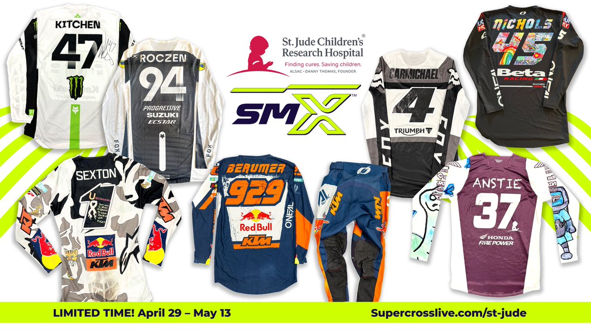The annual @StJude Love Moto Stop Cancer auction is LIVE‼️ This is your chance to own some authentic race worn gear from the top contenders. All proceeds go to St. Jude and helping their mission to finding cures and saving children ❤️ supercrosslive.com/st-jude/