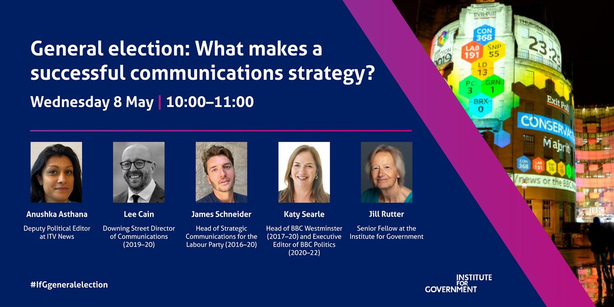 been called up as a last minute substitution to chair this top event @instituteforgov tomorrow on election comms - sign up here instituteforgovernment.org.uk/event/general-…