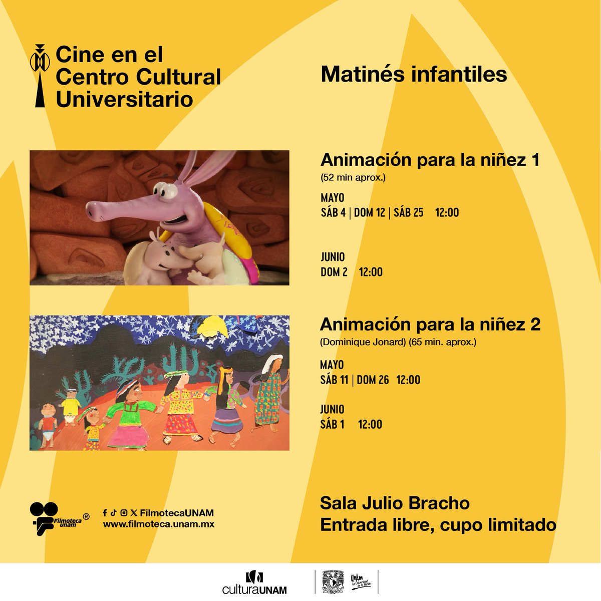 El próximo fin de semana, te esperamos en las funciones de matiné infantil en las salas de cine del #CCU. 📅11 y 12 de mayo #EntradaLibre #CupoLimitado filmoteca.unam.mx/ciclo/matine-i…