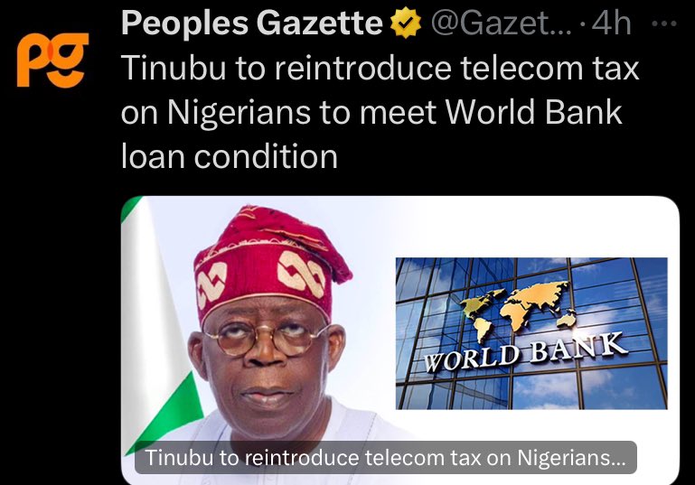 Tinubu’s government considering reintroducing tax on telecommunications and Manufacturing Association of Nigeria (via manufacturers of sugar, tobacco, beverages and alcoholic drinks ) to meet up with $750 million World Bank loan. This is a consequence of wrong selection