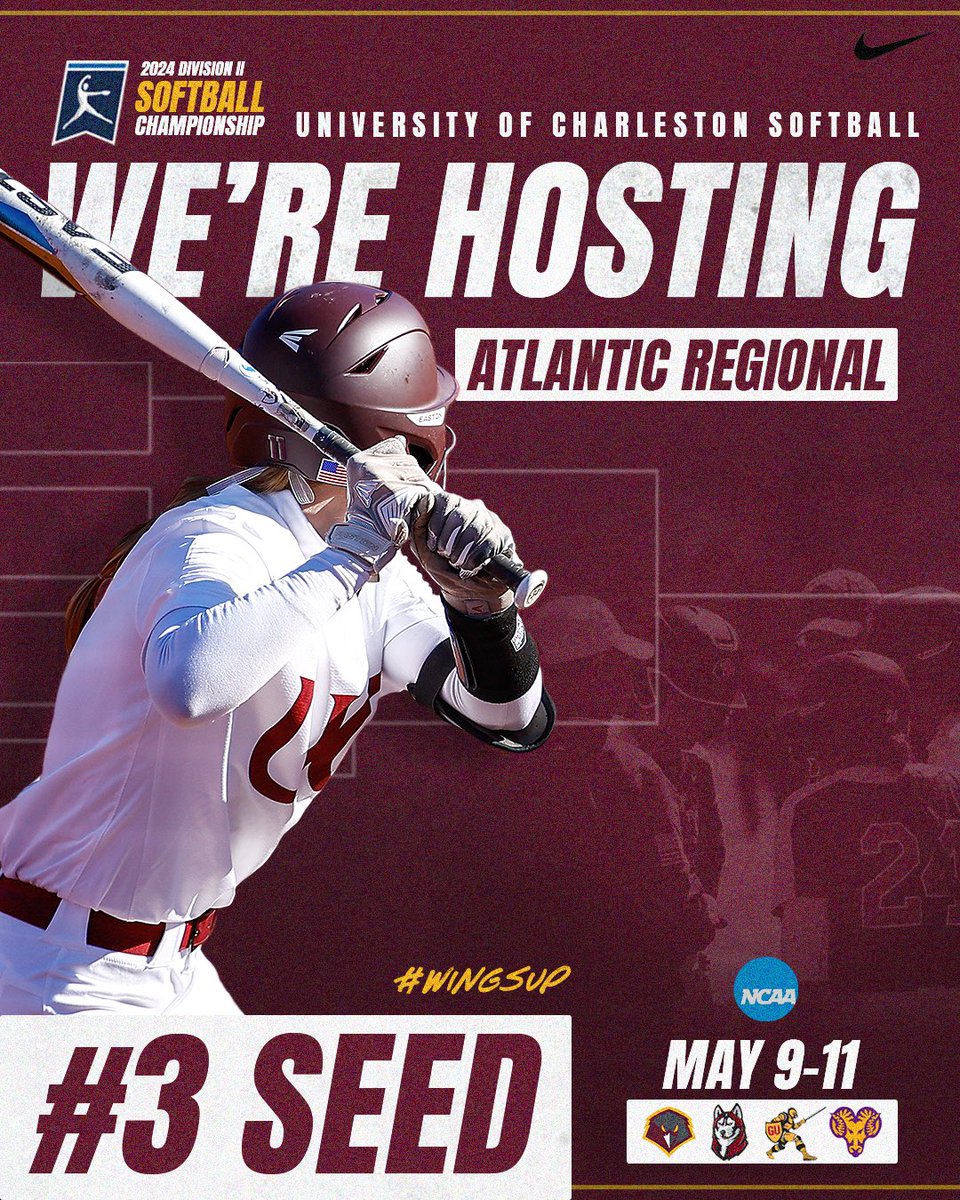 🥎 For the second year in a row, Charleston hosts the Atlantic Regional 🫡 The Golden Eagles will start the tournament off on Thursday, May 9 at noon versus the No. 6 seed Bloomsburg 🤘 Be there… or be square‼️ #WingsUp 🦅
