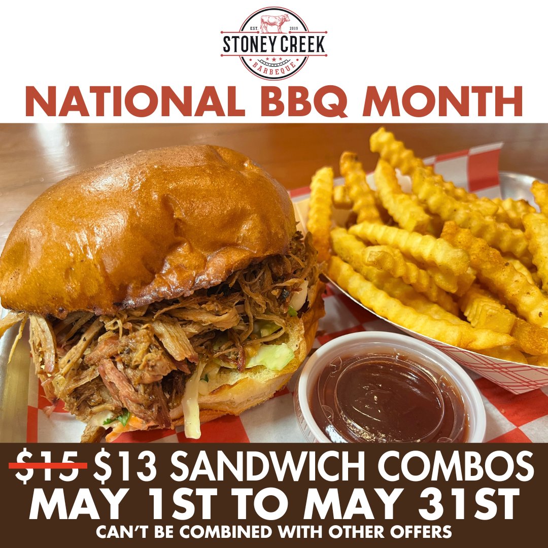 It's National BBQ Month! To celebrate, we're taking $2 OFF ALL of our Sandwich Combos! Get a delicious Pulled Pork Sandwich with a side and a drink for only $13!!!

#StoneyCreekBBQ
#Porterville
#BBQ
#NationalBBQMonth
#ChickenSandwich
#LowAndSlow
#WorthTheDrive