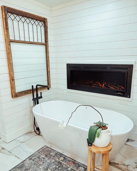 Although it is National Teacher Day, we found out it is also Nurses Week! We think that, no matter what your profession, a soaking tub next to a fireplace is the perfect way to relax after work! 📷 📷 Bathroom Touchstone Sideline Steel non-reflective front electric fireplace