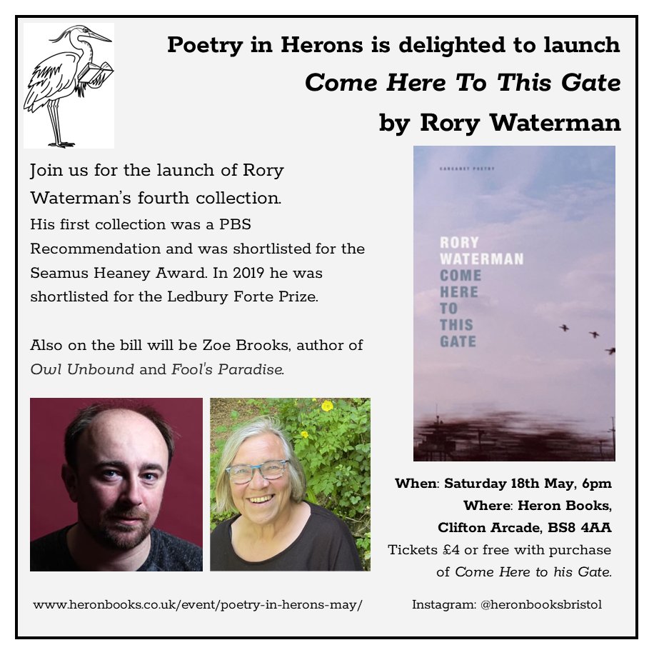 Coming up on Saturday 18th at Herons Bookshop in Bristol. I'm honoured to be supporting @RoryWaterman. Tickets from heronbooks.co.uk/event/poetry-i… @Cheltpoetfest