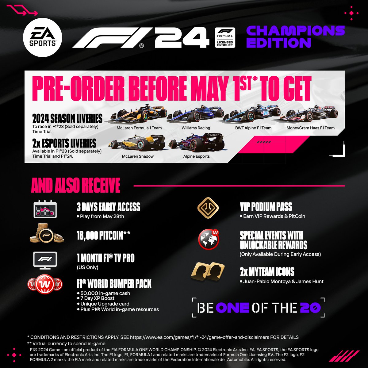Today's your last chance to get these liveries in #F123 Time Trial, by pre-ordering #F124 Champions Edition 🎮 x.ea.com/79987