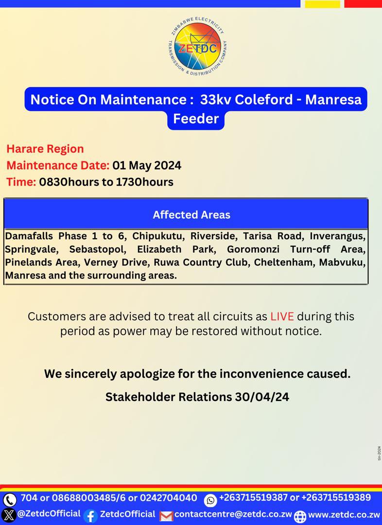 #NoticeOnMaintenance #Coleford #Manresa 
Residents in the mentioned areas kindly take note. ^tin
@HeraldZimbabwe @ZBCNewsonline