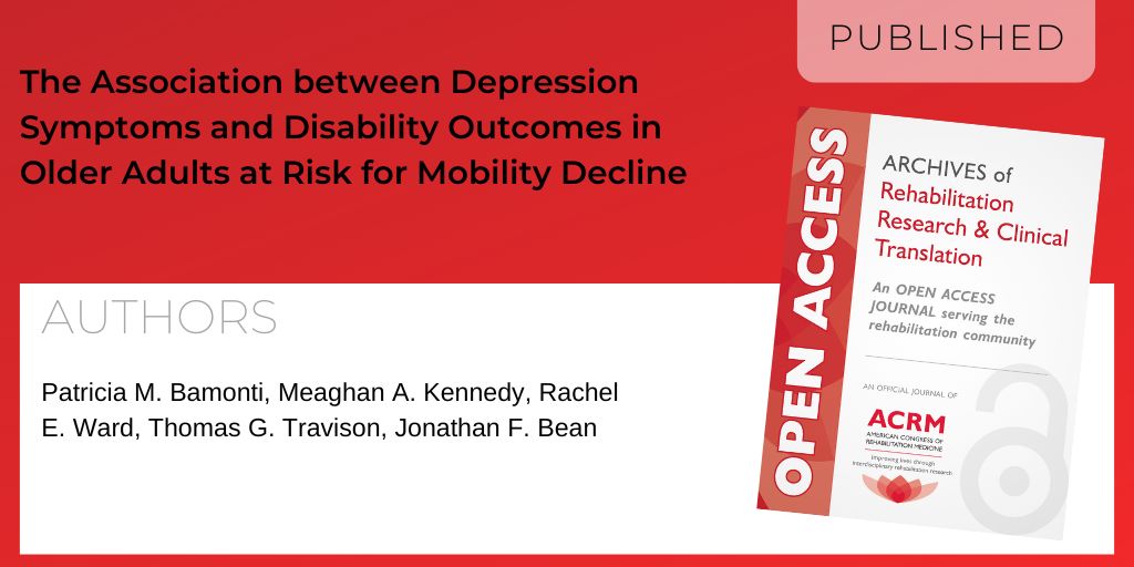 Now in #ARRCT the #OpenAccess journal from #ACRM
The Association between #Depression Symptoms and #Disability #Outcomes in Older Adults at Risk for #Mobility Decline
Patricia M. Bamonti et al.
At sciencedirect.com/science/articl…
#aging #rehabilitation #physiatry