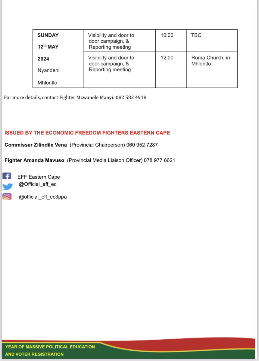 [MEDIA ALERT]🚨 The Deputy President @FloydShivambu will address a Worker’s day rally tomorrow in Nelson Mandela Metro at the Raymond Mhlaba Sports Centre. The Deputy President will also embark on a series of campaign programmes and meetings across the province ahead of the…