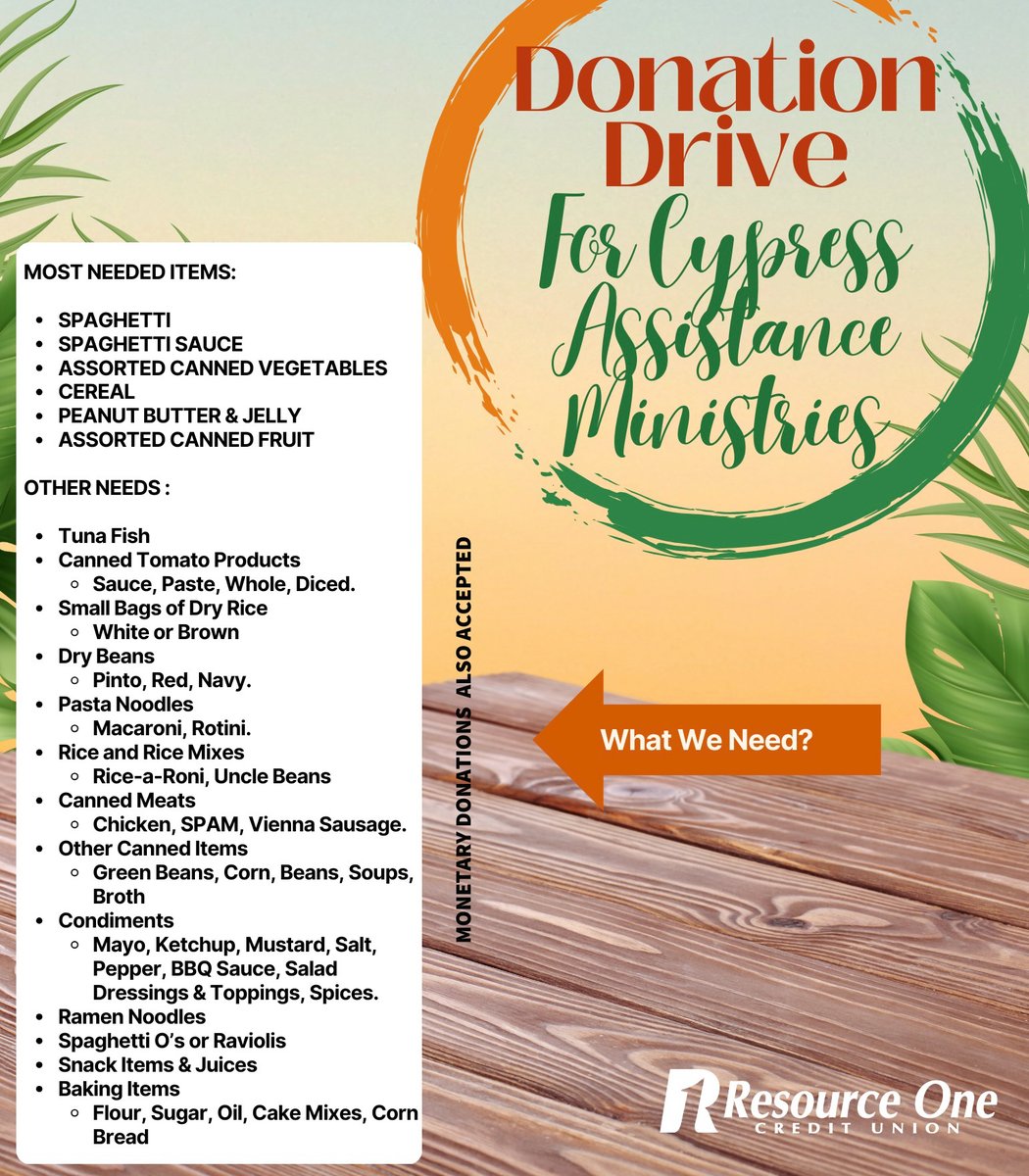 Join us in spreading kindness and compassion through our Cypress Assistance Ministries donation drive! Today’s the last day to donate.  Come see us at one of our Houston branches and donate. #R1CU