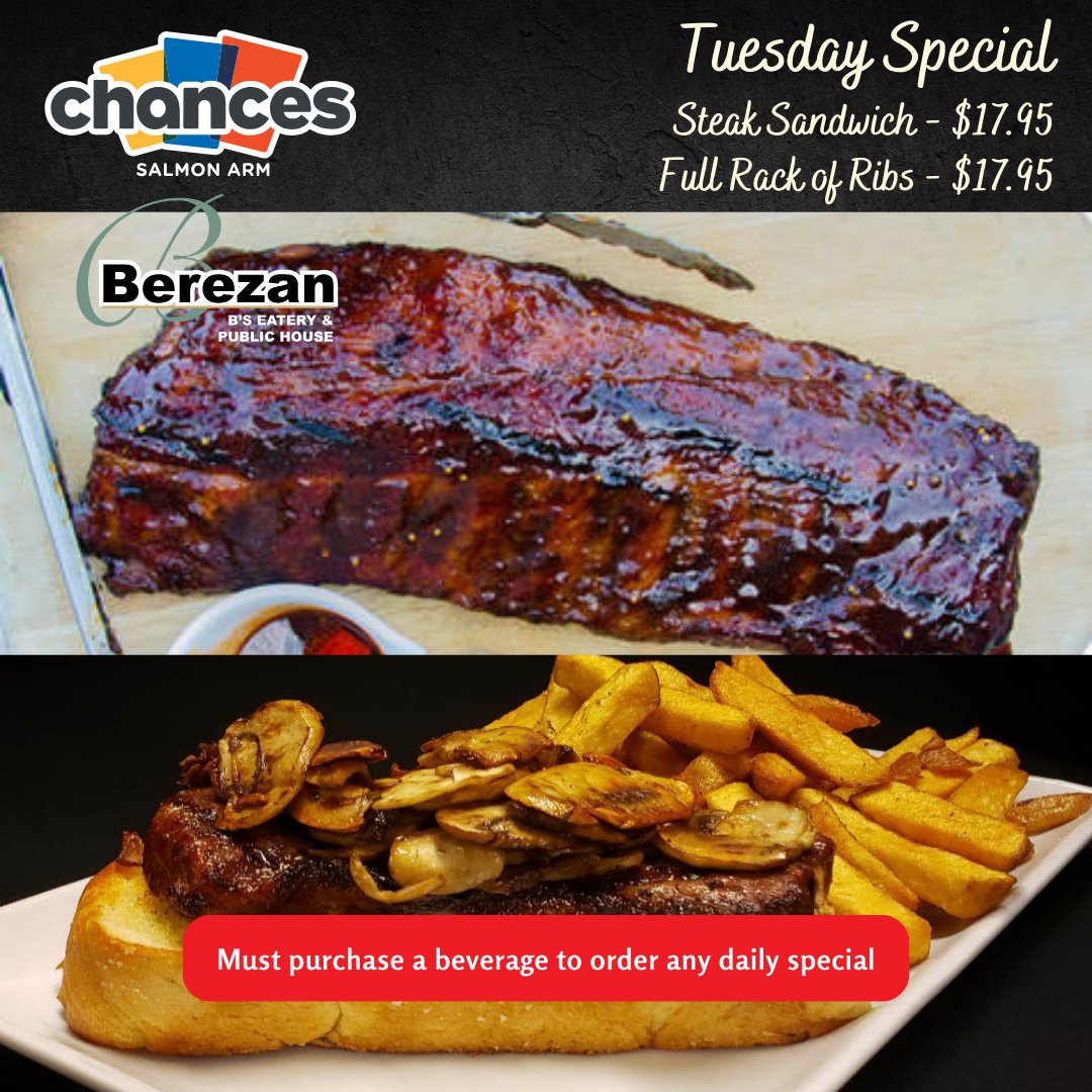 Treat yourself on Tuesdays at Chances Salmon Arm! Whether you're craving the savoury delight of a Steak Sandwich or the mouth-watering goodness of a Full Rack of Ribs, we've got you covered for just $17.95! 🥩🍖 Don't miss out on this delicious deal. #TuesdayTreats