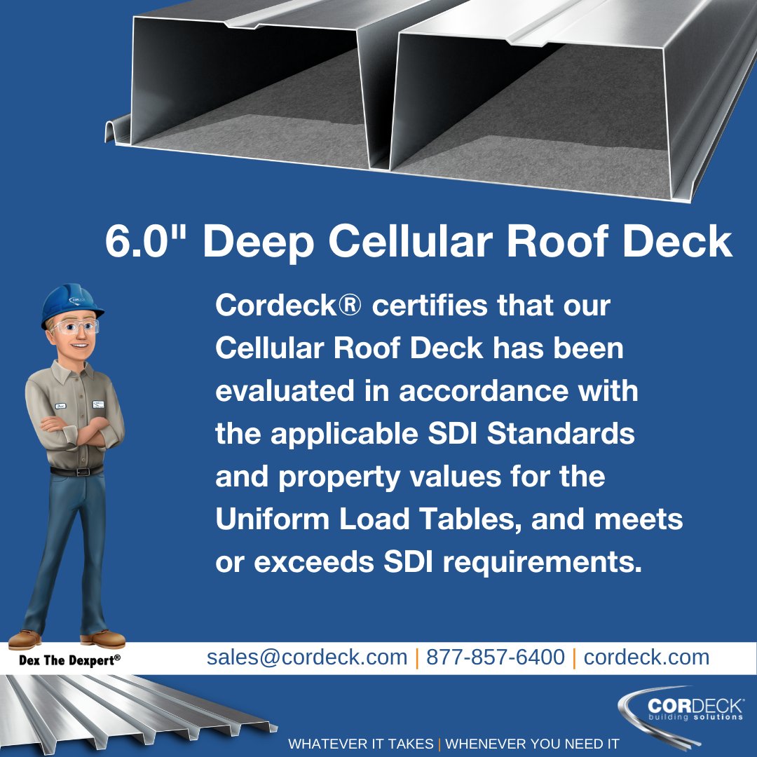 At Cordeck®, our Cellular Roof Deck products serve as the structural substrate in roof construction.👷‍♂️
 
cordeck.com/metal-decking/…
 
Whatever it takes | Whenever you need it
sales@cordeck.com | 877-857-6400 | cordeck.com
 
#roofingmetal #deckcomposite #roofingtin