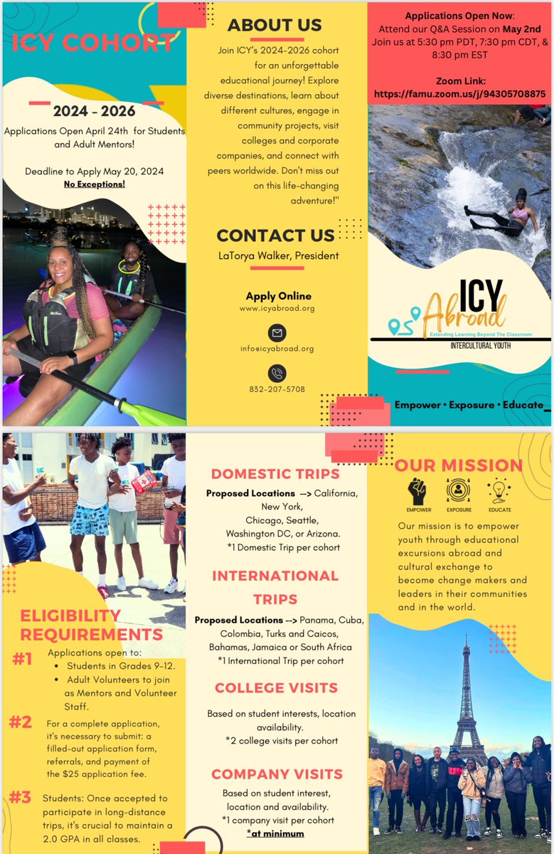 The application window is open for students to join ICY, InterCultural Youth! ICY is a teen travel group whose ”mission is to empower youth through educational excursions abroad and cultural exchange to become change makers and leaders in their communities and in the world!”