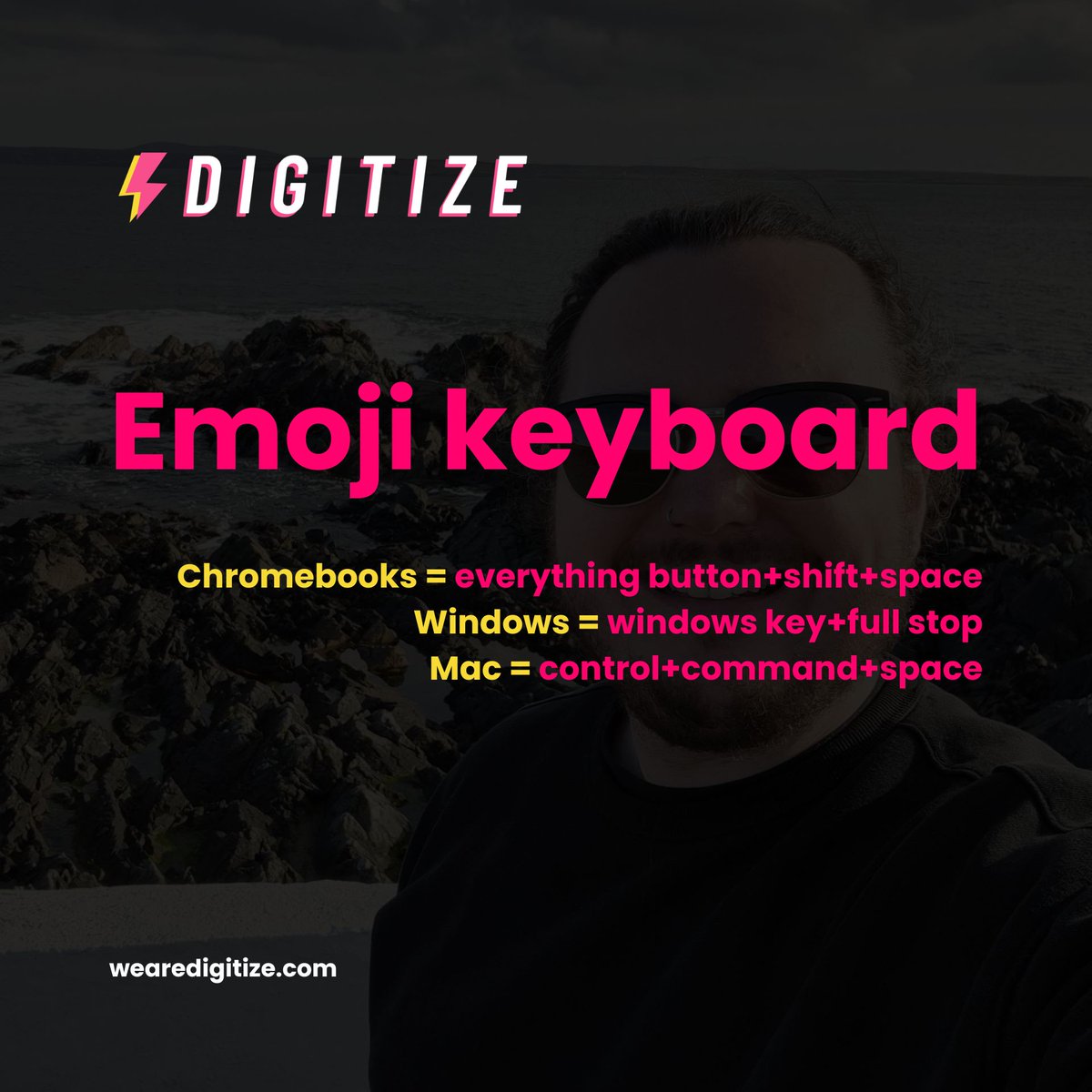 Have you ever wondered about where to find emojis on your computer?

🚀 Chromebooks = everything button + shift + space
🚀 Windows = windows key + full stop
🚀 Mac = control + command + space

🚀 wearedigitize.com 🚀