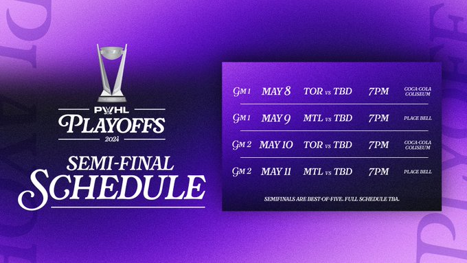 Graphic announcing the semi-finals schedule for the first two games of each playoff series.

Game 1, May 8, TOR vs TBD at 7pm at Coca-Cola Coliseum
Game 1, May 9, MTL vs TBD at 7pm at Place Bell
Game 2, May 10, TOR vs TBD at 7pm at Coca-Cola Coliseum
Game 2, May 11, MTL vs TBD at 7pm at Place Bell

Semifinals are best of five. Full schedule TBA.