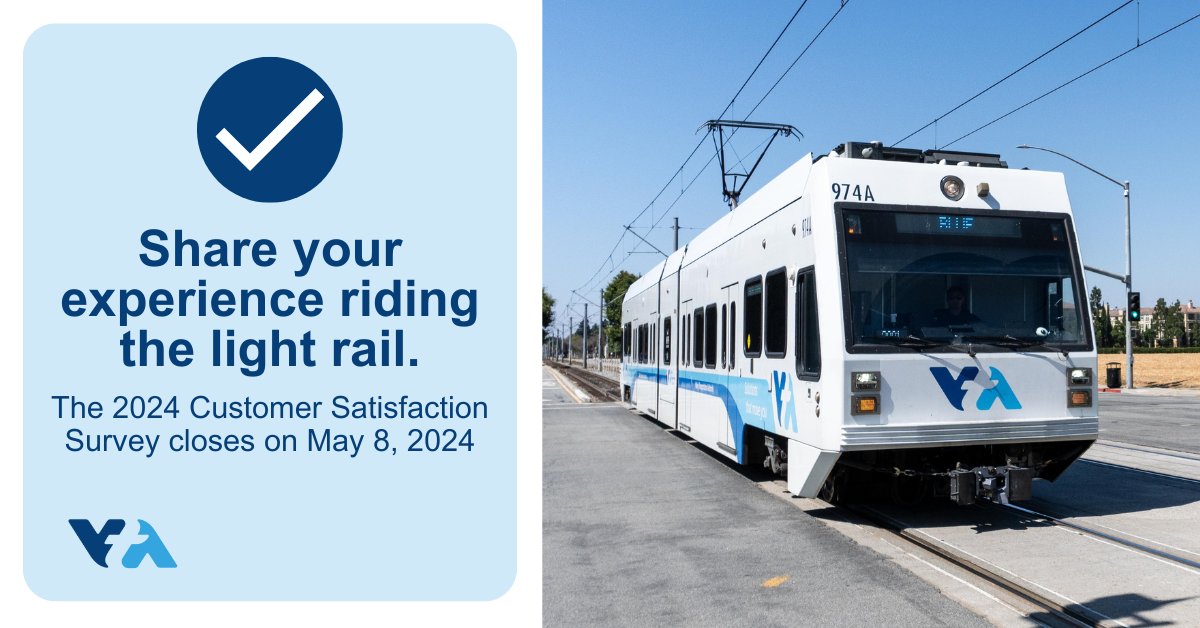 #Survey: Share your experience riding the #lightrail. The 5-minute survey will help track VTA’s performance and compare it to other agencies. The survey closes on May 8, 2024. bit.ly/4diJxAK