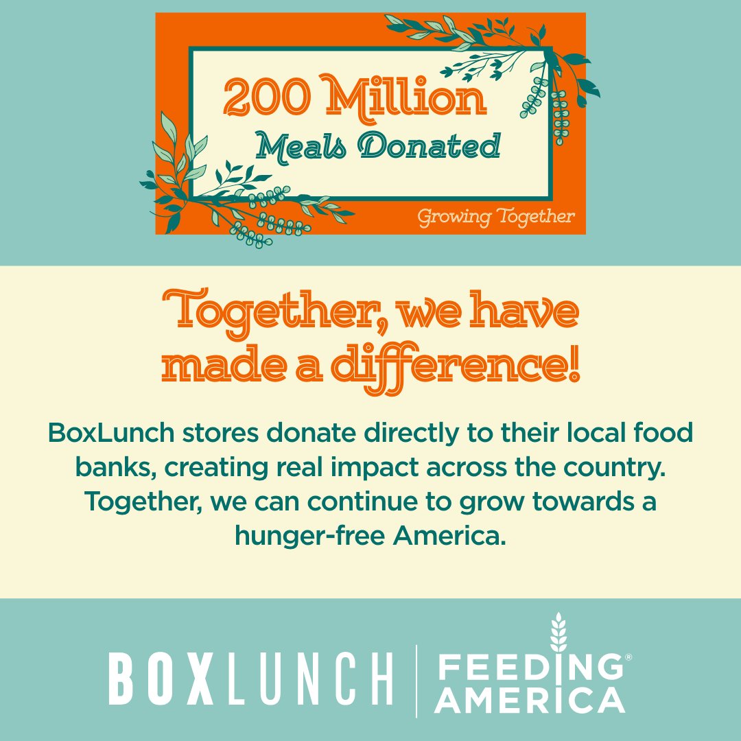 Together, we have helped to provide 200 million meals through our partnership with Feeding America! 🎉  A milestone that we could not have achieved without your incredible support! Learn more here: boxlun.ch/4bcEFvc