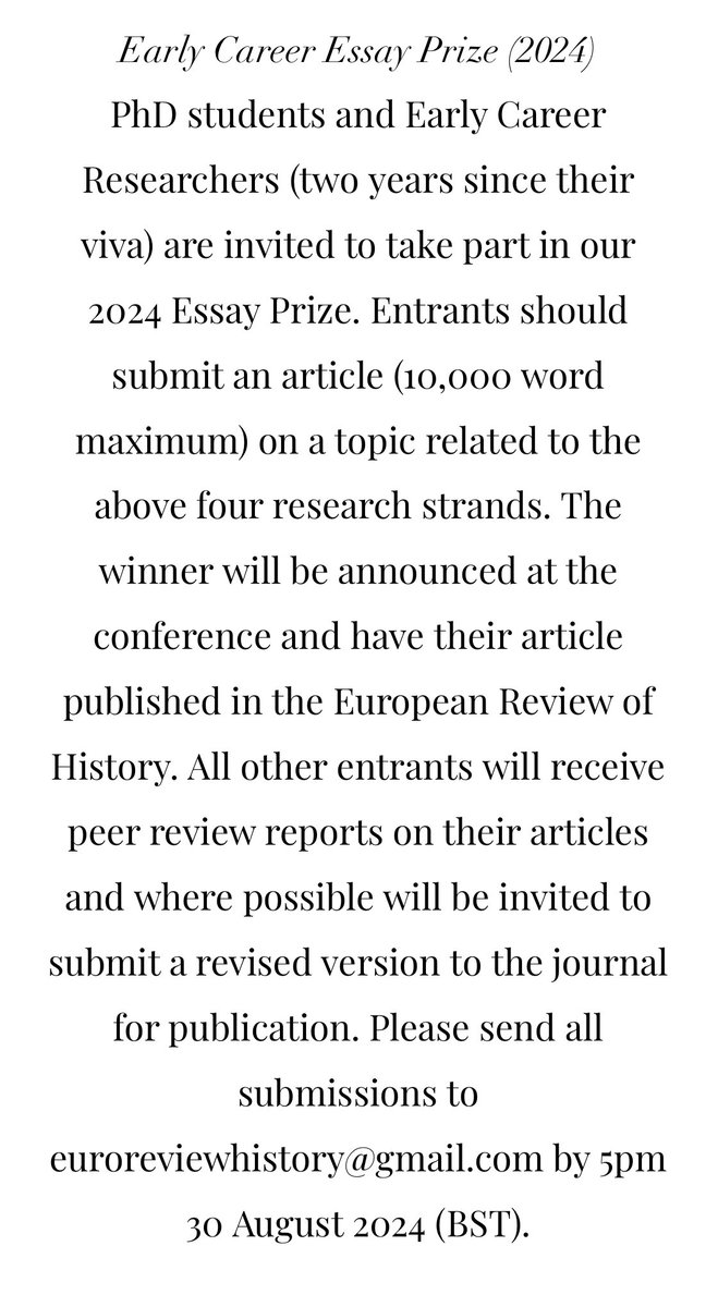 As part of this we’re running an Early Career Essay prize for PGRs and ECRs. Essays should be on topics linked to the conference - environmental history, humanitarianism, science in crisis, politics and sustainability. See cfp on euroreviewhistory.com for more details