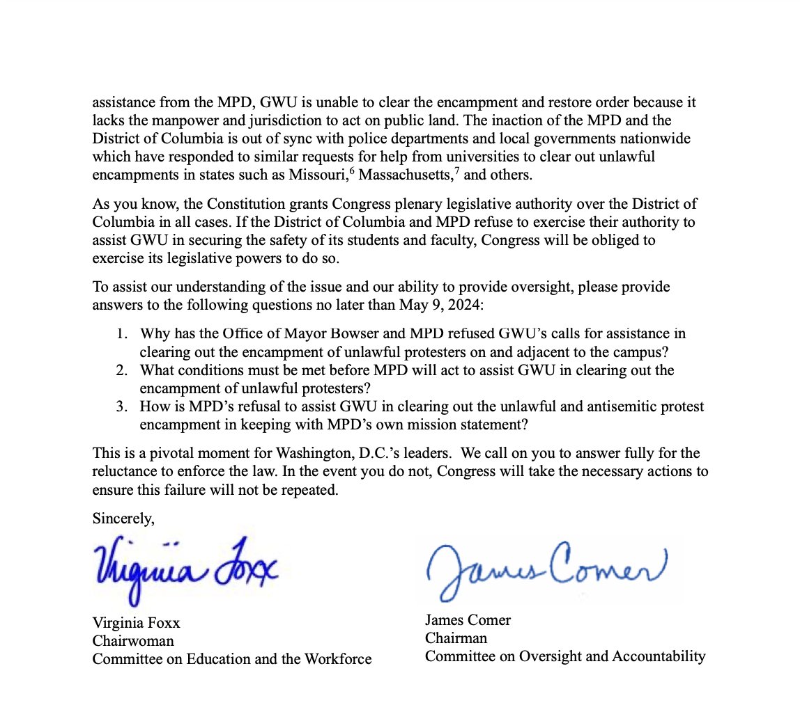 The @DCPoliceDept refused to assist in clearing George Washington University’s campus of antisemitic protestors. Chairs @VirginiaFoxx and @RepJamesComer are pressing @MayorBowser and MPD Chief Smith for immediate answers: