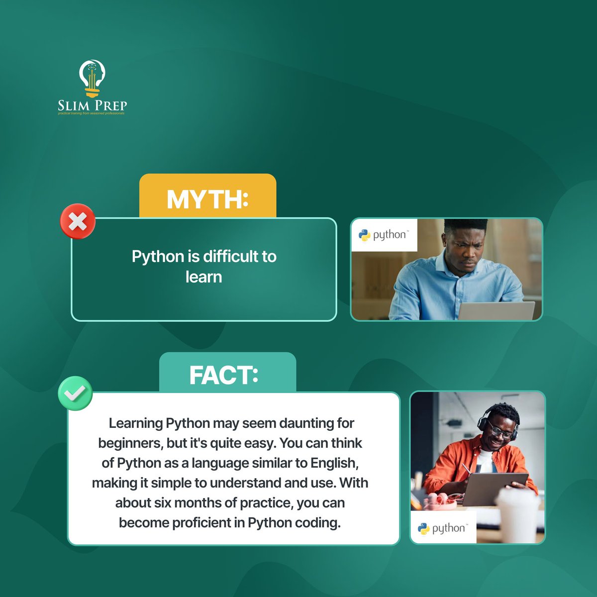 Learning Python is quite easy! And even easier with the help of our experts who ensure you're well equipped to excell in the workplace.💯

 Visit our website to learn more and register for our Python for Data Analytics course today.
#python #dataanalytics #mythvsfact #theslimprep