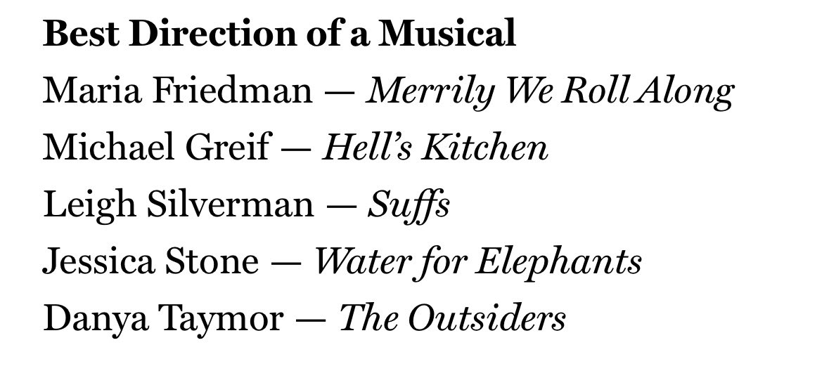 Four out of five Tony nominees for best direction of a musical are women. FOUR OUT OF FIVE. #tonys