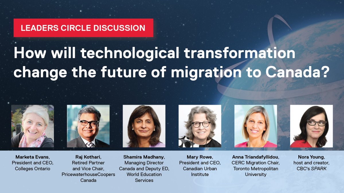 Join our Leaders Circle discussion to kickoff #MigrationDisrupted! Moderated by @sparkcbc host Nora Young and featuring experts in urban planning, education, finance and civil society. Free & open to the public. May 7, 5-7PM EDT. Speakers below 👇 torontomu.ca/migration-disr…
