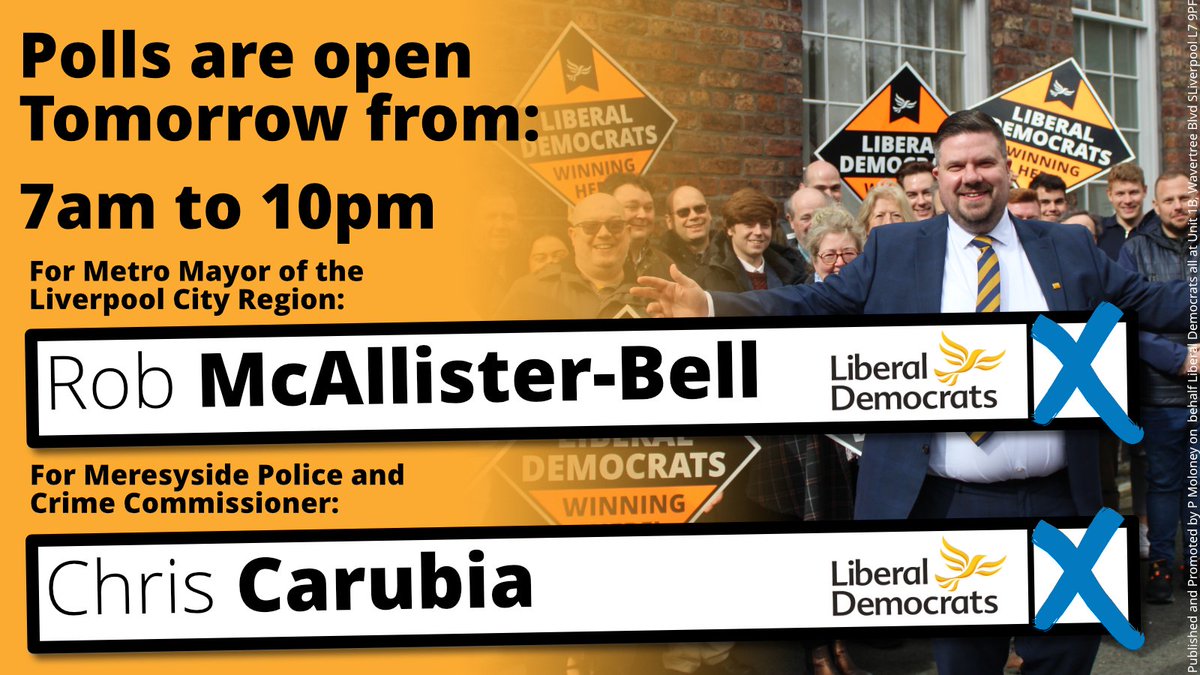 Tomorrow is polling day. Polls are open 7am-10pm Use both votes you have for Rob McAllister-Bell for Metro Mayor and Chris Carubia for PCC Don't forget to bring ID! You find out more about the requirements at ElectoralCommission.org.uk/VoterID