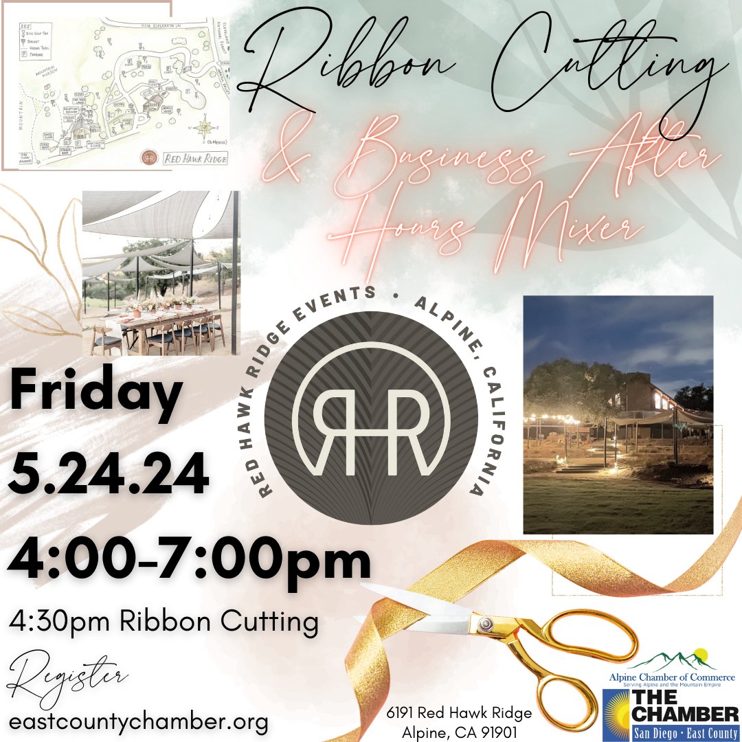 #SDECCC #NewChamberMemberBusiness #RedHawkRidgeEvents will be celebrating with a #RibbonCutting and #BusinessAfterHoursMixer Friday, May 24th - Join Us! business.eastcountychamber.org/events/details…
