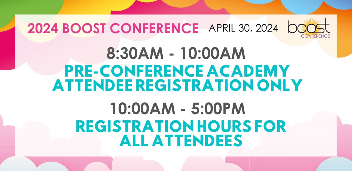 Registration opens today at 8:30AM today for Pre-Conference Academy attendees ONLY. We will open our registration lines for all attendees at 10AM in the PSCC Lobby. Got a #BOOSTerPass? Bypass the lines & check in at our VIP registration booth! #boostconference
