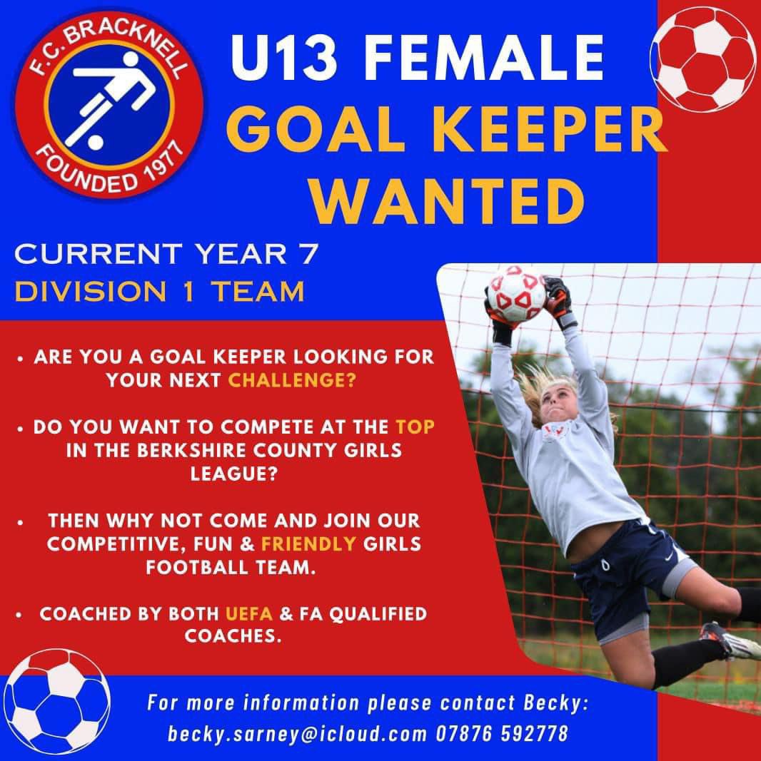 ⚽️⚽️⚽️⚽️ Our brilliant FC Bracknell Girls team are looking for a Goal Keeper for next season at U13s. If you know of any girls that would be interested, please get PM FCB today . #Family #Bracknell #Football