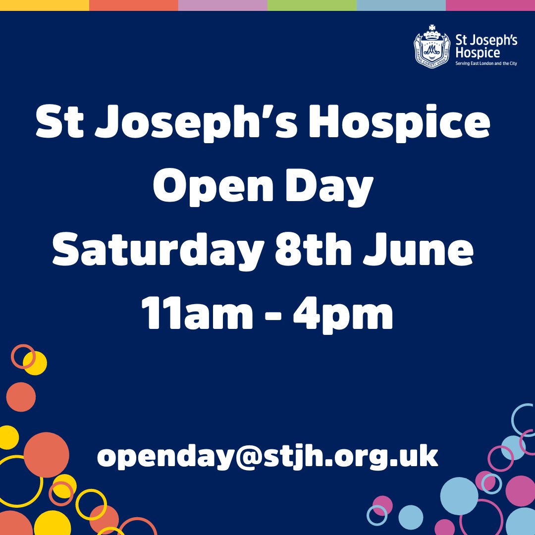 Join us at our Open Day, alongside our healthcare partners and community groups, to learn more about the work we do and meet the teams behind our exceptional care! St Joseph’s Hospice Open Day, Saturday 8th June, 11am - 4pm. For more information, contact openday@stjh.org.uk