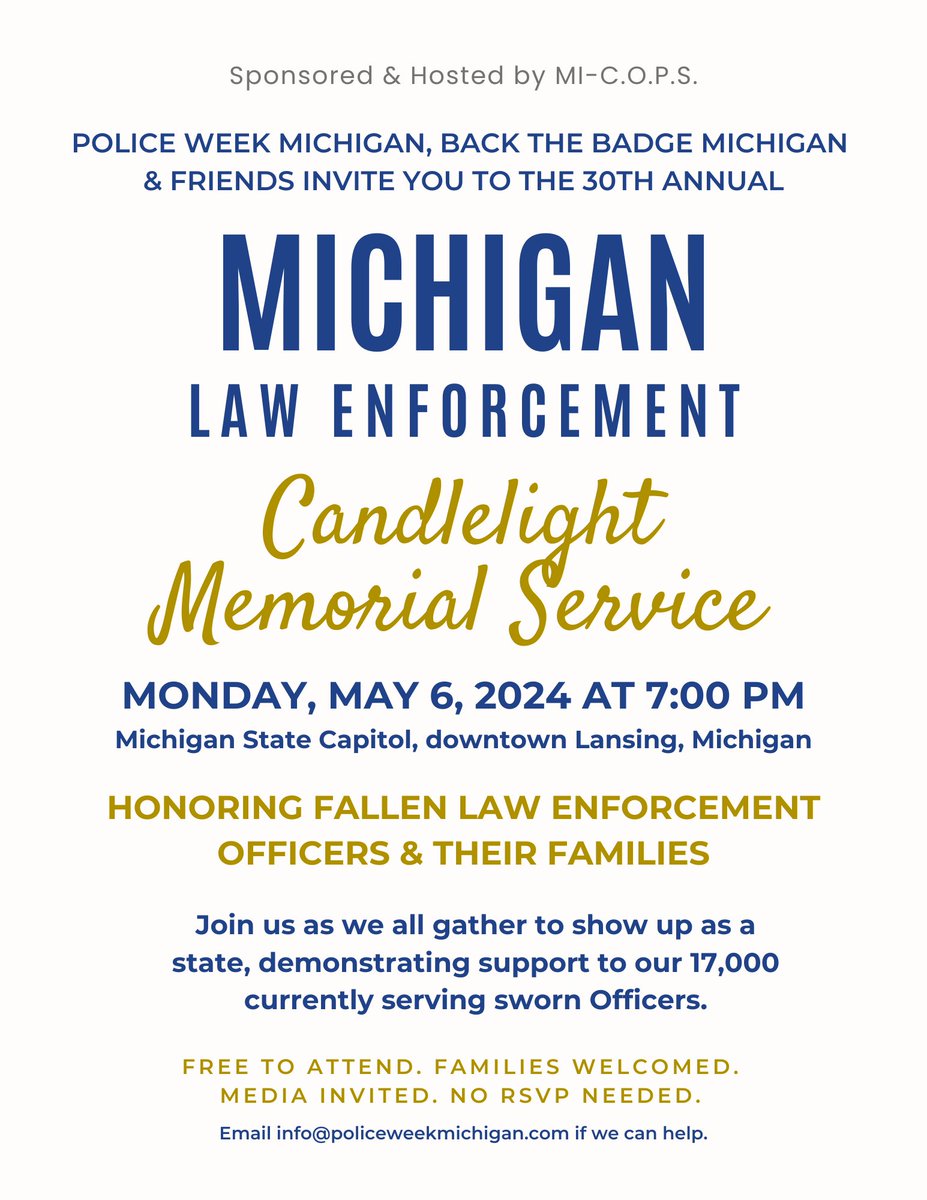 MICHIGAN this is your time to rally for Law Enforcement -- join us in Lansing on Monday! 

@MIChamber @Th_Midwesterner @MIStateCapitol @GongwerMichigan @MIRSnews @detroitnews @JacksonCOSOMI @InghamCoSheriff @wjrradio