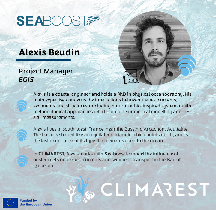 #FacesOfCLIMAREST - Alexis Beudin

🧠 Alexis is a Project Manager at @egis  and works with the demonstration site in #QuiberonBay. His 10 years of experience in R&D allows him to develop tools & methods used in coastal engineering.

#MissionOcean #HorizonEU #climarest #EUMissions