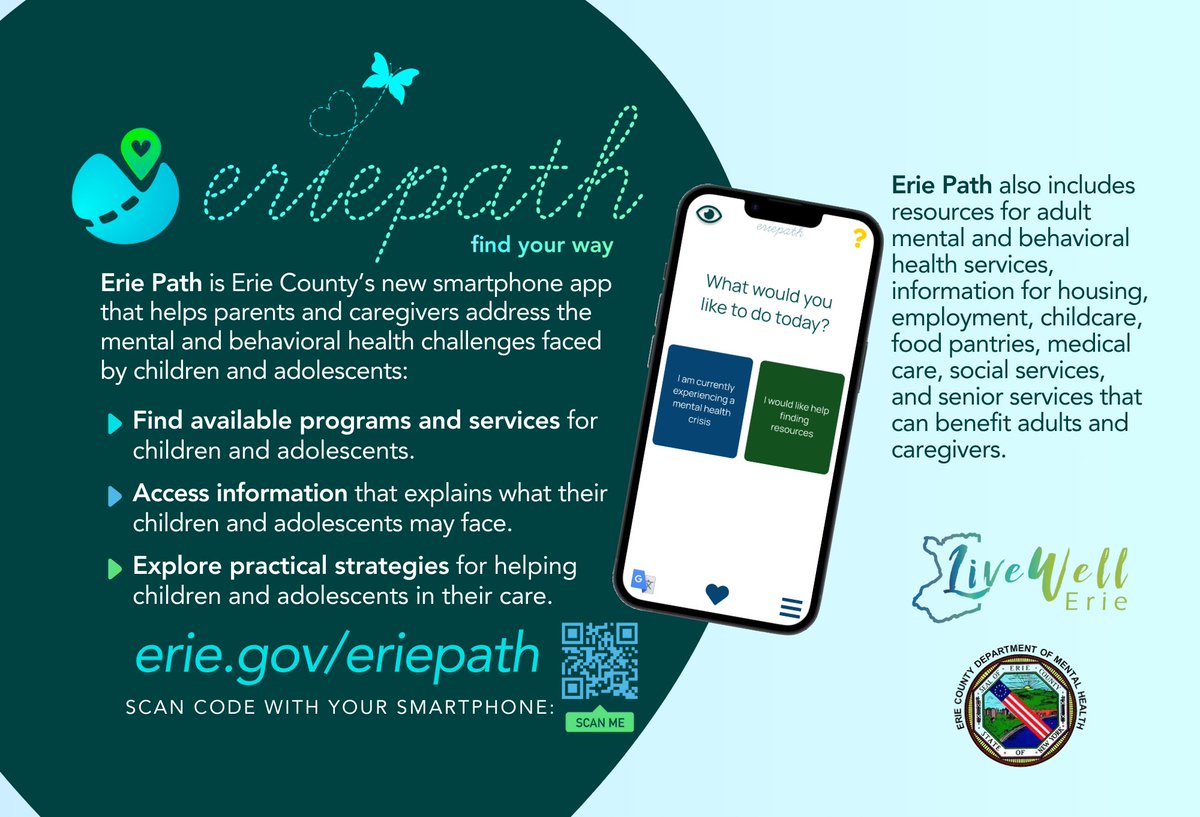 Let the Erie Path App help you 'find your way' through any mental health challenges you or a loved one may be facing.
To learn more visit: www3.erie.gov/mentalhealth/e…

#NationalCountyGovernmentMonth #NCGM #mentalhealth