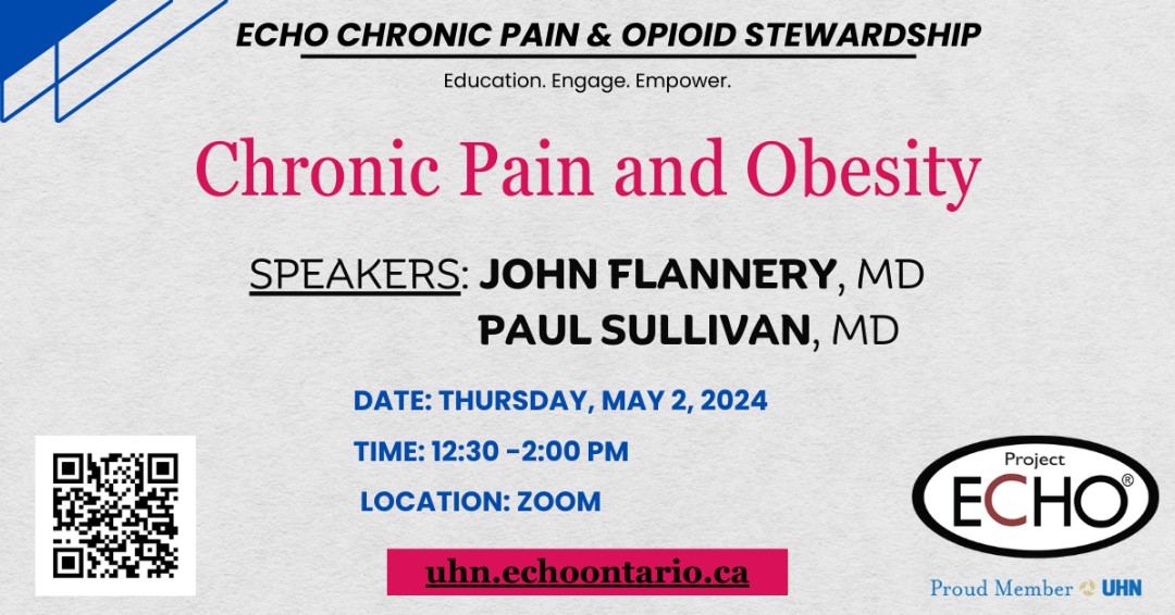 Join Dr. John Flannery, MD and Dr. Paul Sullivan, MD for a didactic presentation on Chronic Pain and Obesity.
📅 Thursday, May 2, 2024.
⏰ 12:30 – 2:00 PM.
REGISTER: uhn.echoontario.ca/Register

#ontario #chronicpain #ECHOatUHN #uhn #virtuallearning #education #healthcareON #obesity