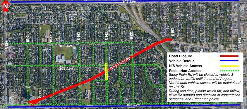 Reminder: Stony Plain Road is closed between 131 and 139 Street for Valley Line West LRT construction. North/south vehicle access remains open at 134 Street. Read the @MarigoldTransit notice for more info: bit.ly/44l0Vko #ValleyLineWest #YegTraffic