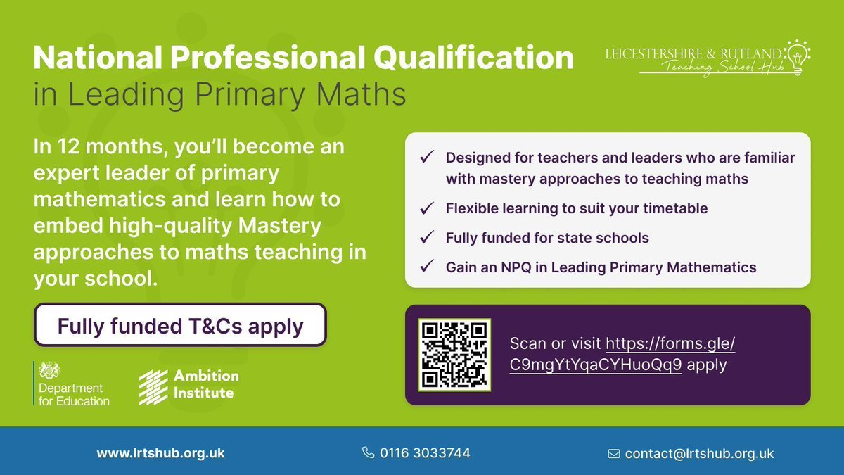In 12months on our Leading Primary Maths NPQ  you'll: 

🎞 Develop a consistent curriculum
🔢 Create a maths-positive culture
🛠 Build your skills and knowledge 

Delivered in partnership with @ambition_inst & @emsmathshub 
#NPQLPM #FullyFundedNPQ #PrimaryMaths