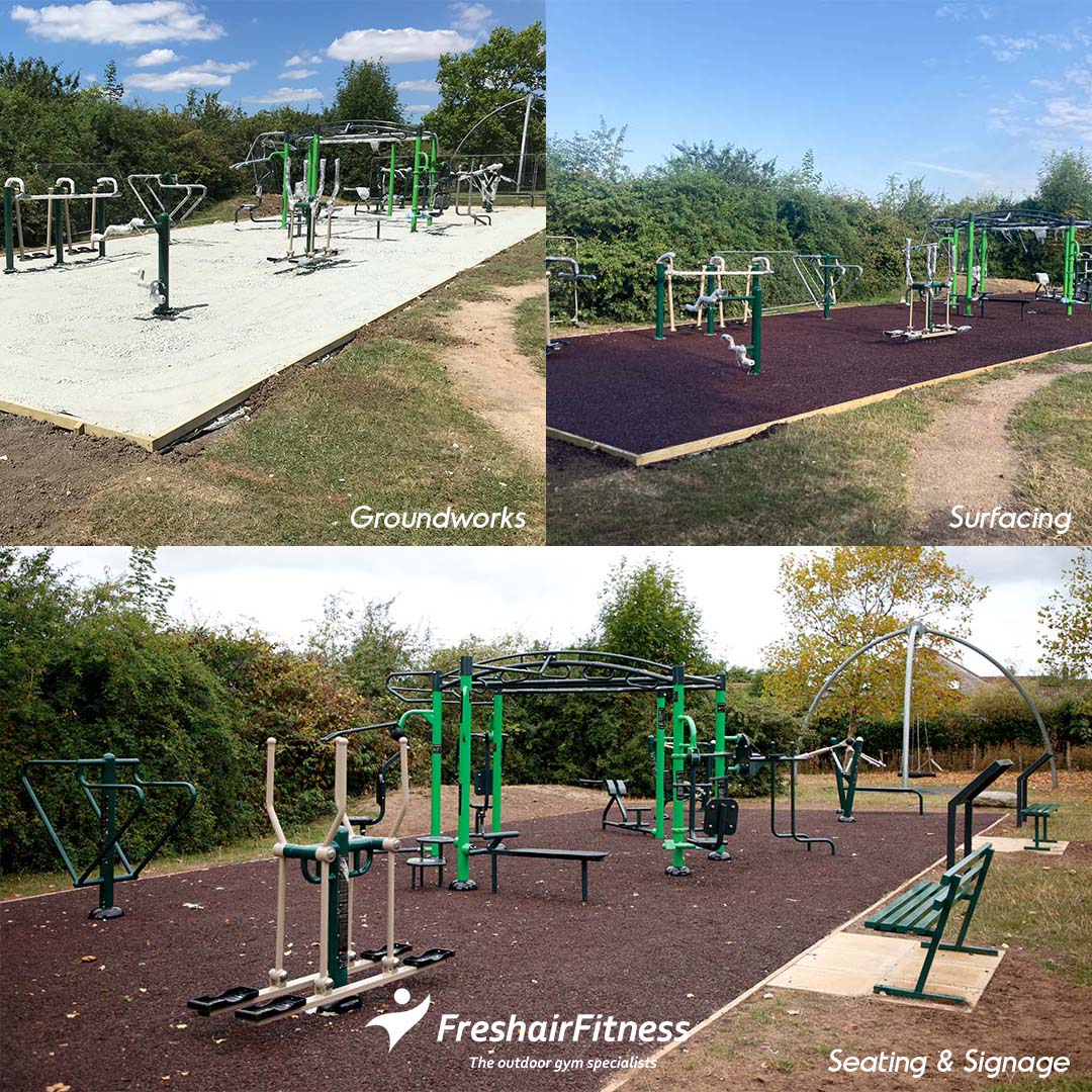 The complete transformation process at Kensington Memorial Park from groundworks, to surfacing, then installation of the #outdoorgym all the way to seating and bespoke signage! #EndToEndService #freshairfitness