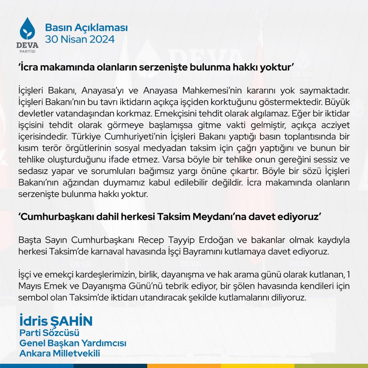 “Taksim Meydanı’nın işçilere kapatılması Anayasa’ya aykırı, açıkça bir hak ihlalidir.”

Parti Sözcümüz ve Ankara Milletvekilimiz @avidrissahin, 1 Mayıs Emek ve Dayanışma Günü ile ilgili açıklama yaptı.
