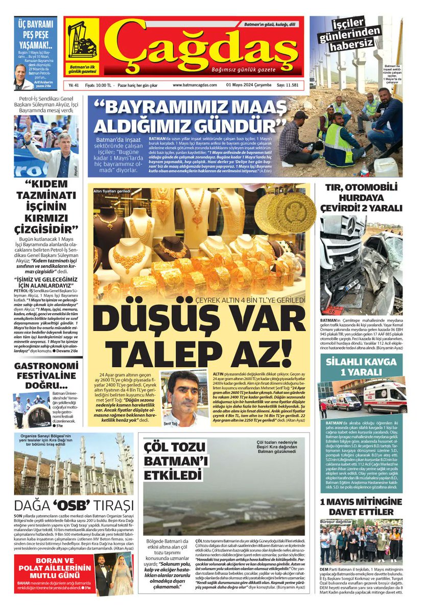 Batman Çağdaş Gazetesi 1 Mayıs 2024 Çarşamba batmancagdas.com