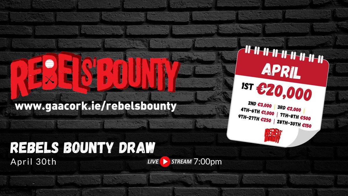 Rebels Bounty draw for April will take place at 7pm gaacork.ie/2024/04/30/reb…