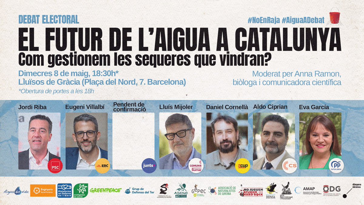 En emergència per sequera, l'aigua és un tema central en la campanya electoral 💦📣 🤔 Vols saber què proposa cada partit? T'esperem al debat electoral que tindrà lloc el 8 de maig a les 18:30h als Lluïsos de Gràcia! ✍️ Vols venir? Inscriu-te: forms.gle/YKvxRT7bHNoLP2… #NoEnRaja