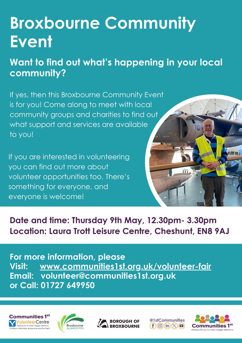 Want to find out what's happening in your local community? 

Come along to this upcoming Broxbourne Community Event!

📍 Location: The Laura Trott Leisure Centre, Cheshunt, EN8 9AJ
✉️ Email: volunteer@communities1st.org.uk
📞 Call: 01727 649 950
🔗 Visit: communities1st.org.uk/volunteer-fair