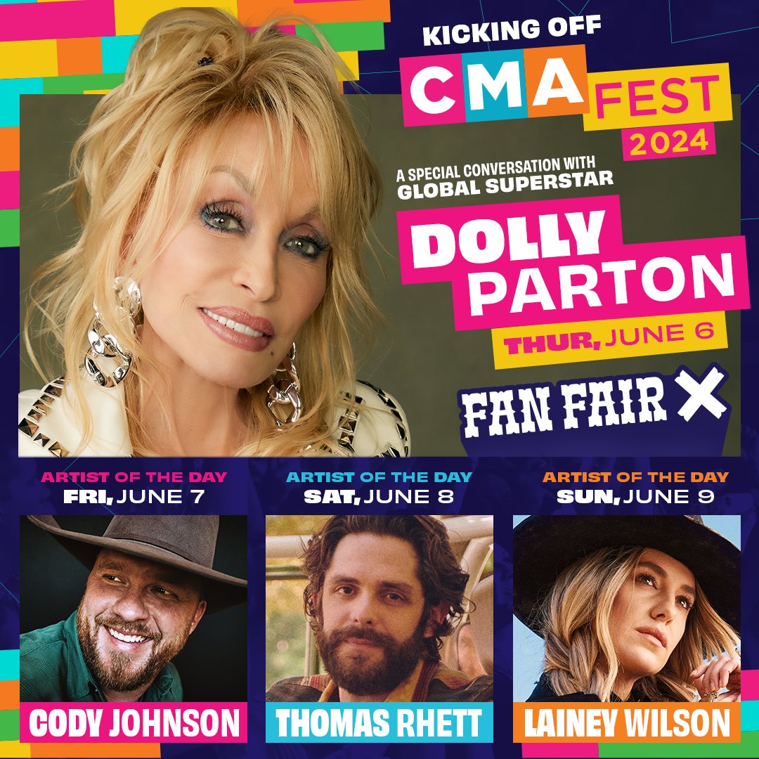 👑 Global superstar @DollyParton kicks off #CMAfest at Fan Fair X inside @MusicCityCenter! And don't miss these fan favorites at the CMA Close Up Stage as Artists of the Day - @CodyJohnson, @ThomasRhett, & @LaineyWilson! Tickets available NOW: CMAfest.com/tickets