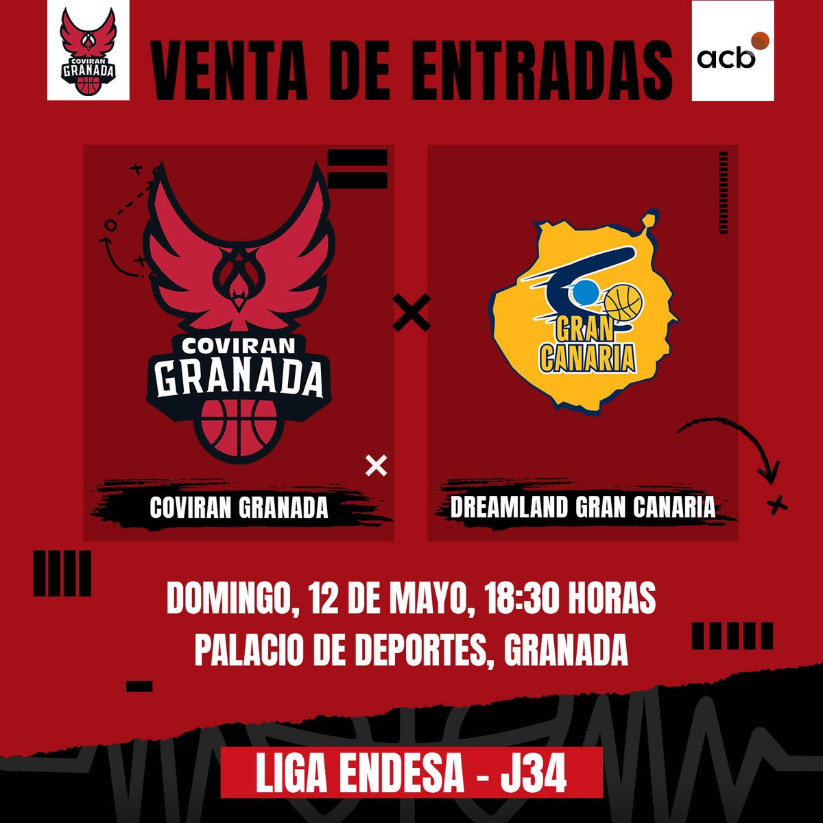 𝐕𝐄𝐍𝐓𝐀 𝐃𝐄 𝐄𝐍𝐓𝐑𝐀𝐃𝐀𝐒. A la venta las entradas del último partido de la temporada frente a @GranCanariaCB. 🎁 SOCIOS: Descuento de 5€ por entrada. 3 entradas máximo. Info 👉 bit.ly/44nrHIX 🎟️ venta.fundacioncbgranada.es #ContigoFundación #ElLatidoDelPalacio